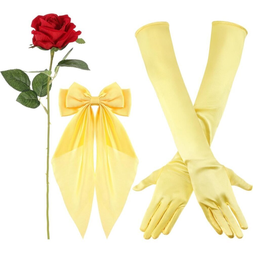Princess Costume Accessories Set with Yellow Bow Hairband Gloves Rose for Dress
